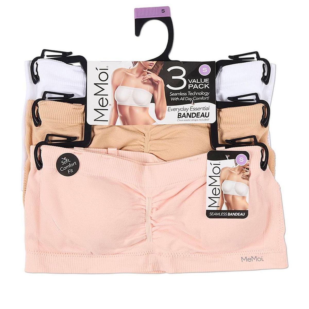 Memoi 3 Pack Women's Seamless Bandeau Bras with Clear Elastic Straps - thumbnail 2