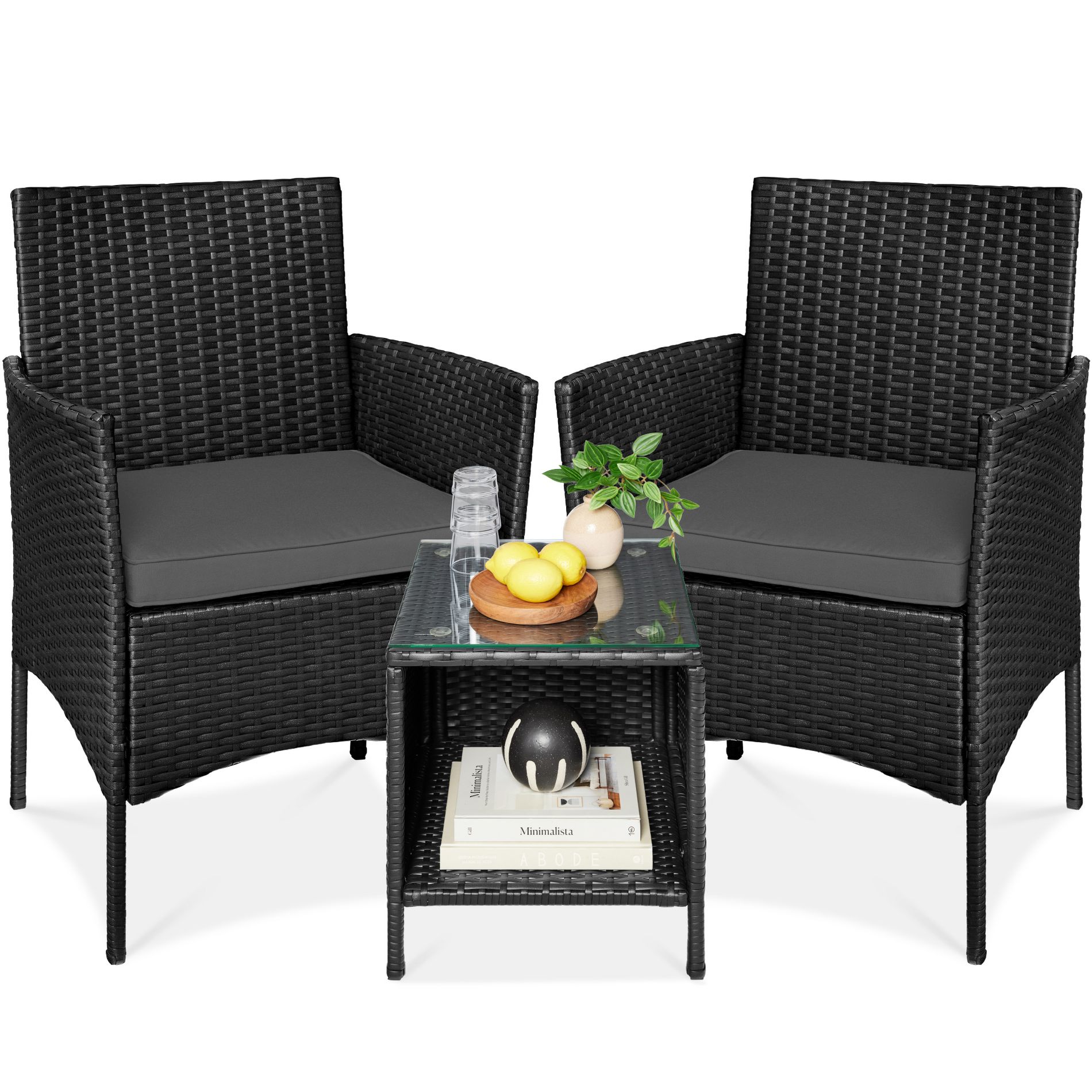 Best Choice Products 3-Piece Outdoor Wicker Conversation Patio Bistro Set, w/ 2 Chairs, Table - Black/Gray