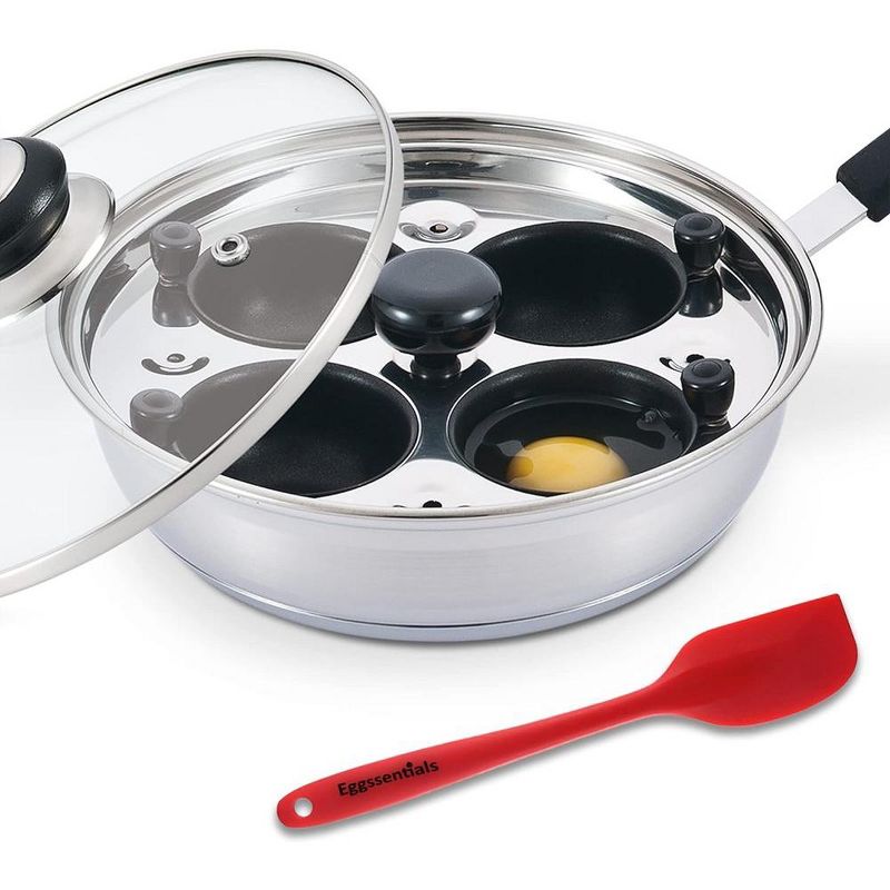 Eggssentials 4 Cup Nonstick Stainless Steel Egg Poacher Pan, Poached Egg Cooker with Spatula Included, Makes Poached Eggs Simple, Perfect for any Meal, 1 of 7