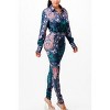 Slickblue Women's Satin Blouse & Leggings Set with Scarf Print, Button Down Top, High Waist Bottoms, Navy/Green, Size S-L - 3 of 4