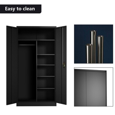 Black Metal Freestanding Wardrobe Cabinet with Adjustable Shelves and Lockable Doors
