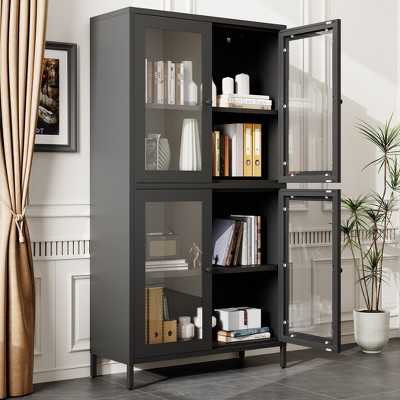 Vynxaria Classic Double-Door Cabinet with Waffle-Grids Glass and Adjustable Shelves