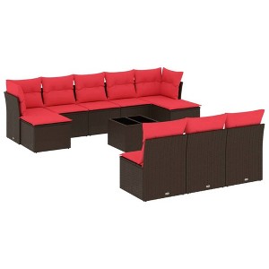 vidaXL 11 Piece Patio Sofa Set with Cushions - Brown and Red With Table - 1 of 4