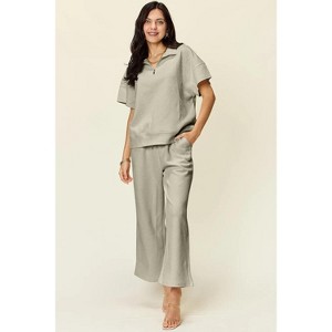 I am a Fashion Junky Double Take Full Size Texture Half Zip Short Sleeve Top and Pants Set - 1 of 4