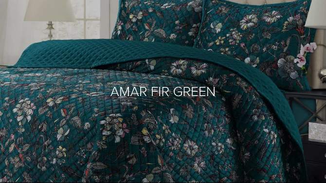 Floris Digital Printed Oversized Velvet Quilt Set White/Green/Red - Tribeca Living, 2 of 5, play video