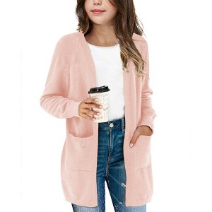BLUEMING Girls Solid Color Knit Cardigan Long Sleeve Button Front Sweater with Pockets Adorable Loose Fit Kids Outerwear - 1 of 4