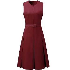 INSPIRE CHIC Women's Round Neck Sleeveless Zip Front Belted Fit Flare Work Dresses - 1 of 4