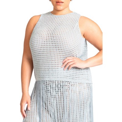 ELOQUII Women's Plus Size Crochet Fringe Sweater Tank