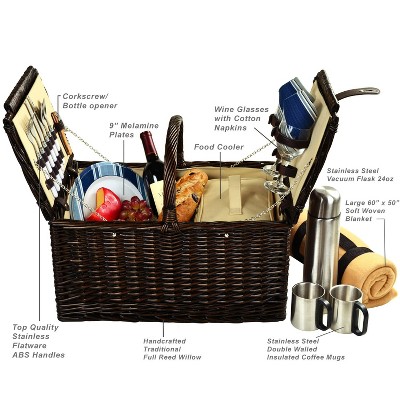Handcrafted Brown Willow Picnic Basket with Blanket and Coffee Set