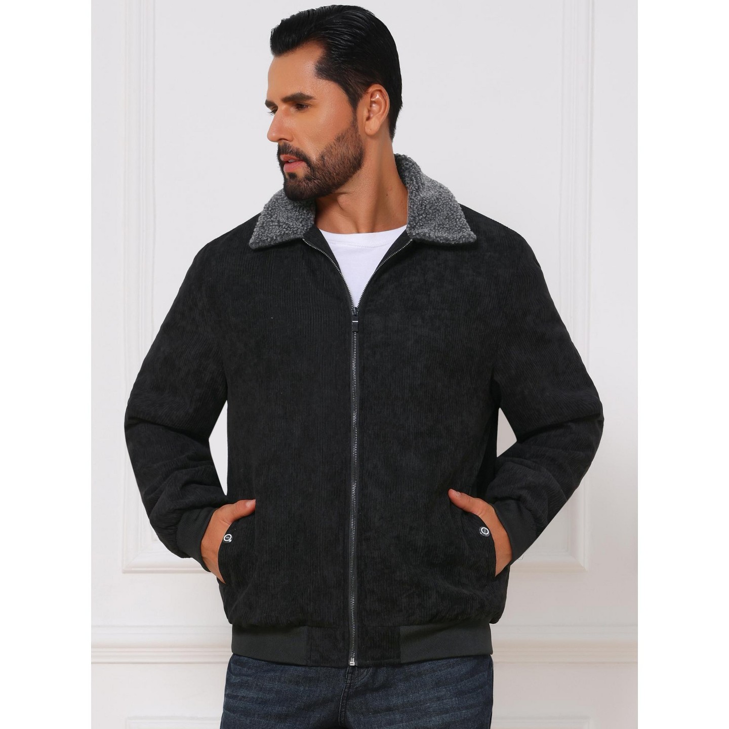 Мужская куртка INSPIRE CHIC Winter Cargo Lapel Zipper Up Fleece Lined Warm Corduroy Jacket Medium Black, цвет: Чёрный — фото 4