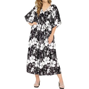 LA LEELA Women's House Daily Routine Evening Wear Holiday Casual Loungewear Loose Slit Dress Caftan Maxi House Sleep Shirt 2X-3X Black, Floral - 1 of 3