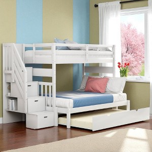 Convertible Twin Over Twin or Twin Over Full Bunk Bed with Trundle, Storage Drawers, Shelves, and Staircase, Pine Wood Frame - 1 of 4