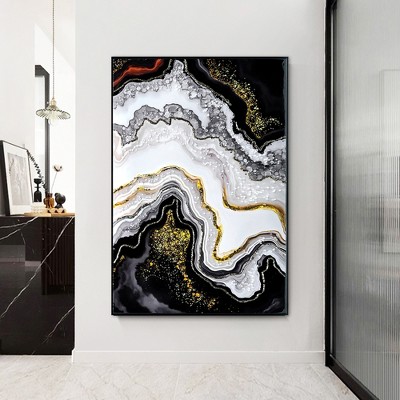 KTMBDW Framed Abstract Agate Wall Art, Stunning Black, White & Gold Marbled Resin - Style Design. Modern Elegance for Living room, Bedroom