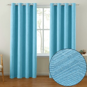 Home Mart Goods 2 Piece Light Blue Solid Silky Geometric Embossed Blackout Grommet Window Curtain Panel Set - 108" Long - 1 of 4