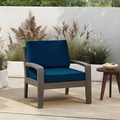 1 Piece Outdoor Acacia Wood Patio Club Chair with Water-Resistant Cushions, Outdoor Chair with Slat Panel Design for Garden or Deck-Coolbibila