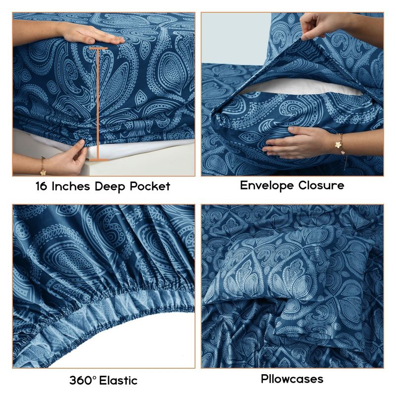 6 Piece Sheet Sets Paisley Printed Sheets Set Ultra Soft Deep Pocket Microfiber Bed Sheets - Lux Decor Collection, 4 of 6