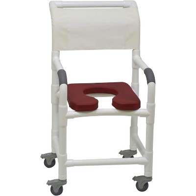 MJM International Corporation Shower chair 18 in width 3 in total locking casters BURGANDY front seat WHITE designer mesh backrest sling 300 lbs wt