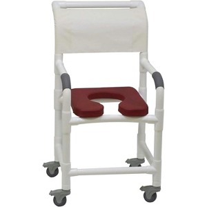 MJM International Corporation Shower chair 18 in width 3 in total locking casters BURGANDY front seat WHITE designer mesh backrest sling 300 lbs wt - 1 of 1