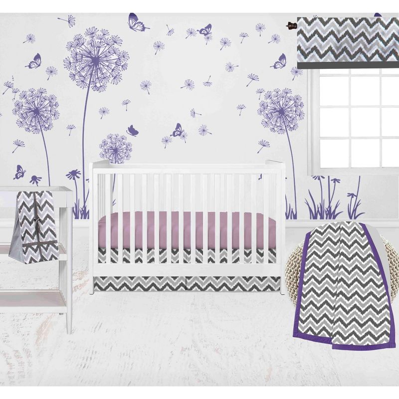 Bacati - Ikat Dots Leopard  Purple Grey Girls 10 pc Crib Set with 2 Crib Fitted Sheets 4 Muslin Swaddling Blankets, 2 of 10