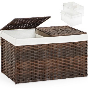 Aoibox Foldable Rattan Woven Storage Basket with 2 Separate Lids 17.2 Gallon 2 Removable Liner Bags Handles Brown - 1 of 4