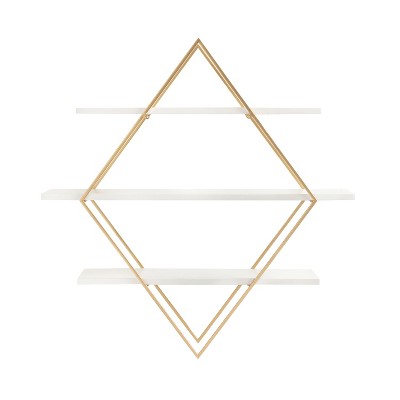 White and Gold Diamond Floating Wall Shelf with Wooden Accents