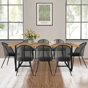 9-piece Dining Table Set for 8, 79'' Rectangle Table with 8 Boucle Fabric Rattan Backrest Chair for Dining Room, Indoor Furniture - Maison Boucle - 1 of 4