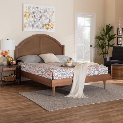 Walnut Brown King Wood Frame Platform Bed with Rattan Headboard