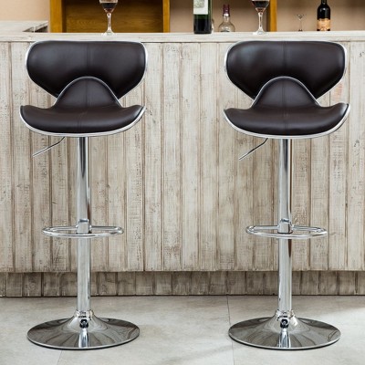 Contemporary Chrome-Finished Adjustable Swivel Barstool, Faux Leather Saddle, Set of 2