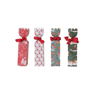 Storied Home Tall Paper Gift Boxes with Woodland Flora and Fauna Pattern and Red Ribbons, Multicolor, Set of 4 - 1 of 2