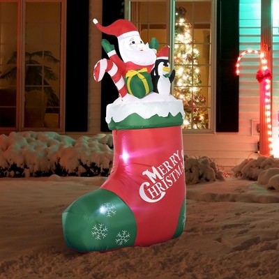Whisen 5FT Christmas Inflatables Outdoor Decorations Santa and Penguin Standing in Sock with Candy Cane Gift Box - Red