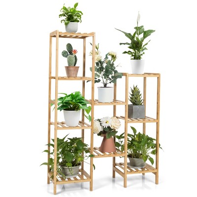 Costway Bamboo 9-Tier Plant Stand Utility Shelf Free Standing Storage Rack Pot Holder