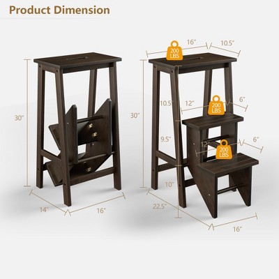 Brown Rubber Wood Foldable 3-Tier Step Stool and Storage Shelf