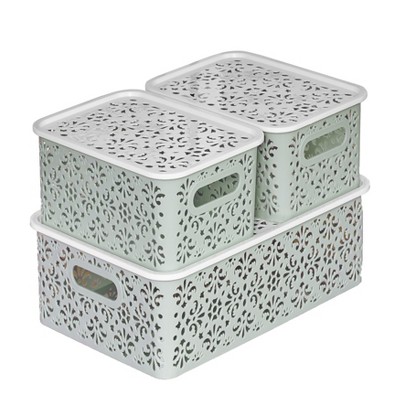 Lakeside Set of 3 Stackable Lace-Design Bins with Lids -