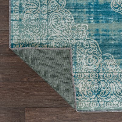 Teal and Cream Medallion Washable Synthetic Area Rug