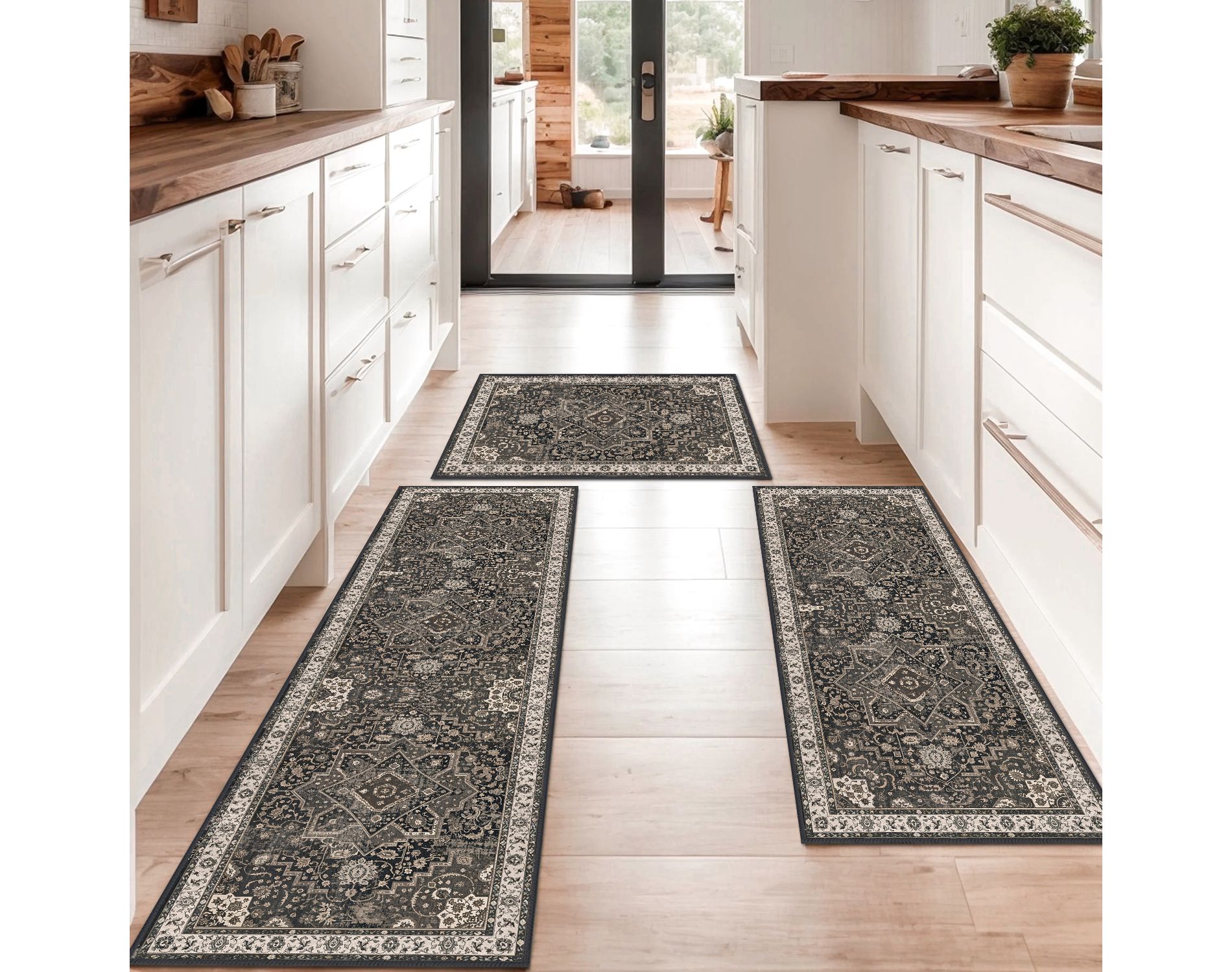 3-Piece Boho Vintage Kitchen Rug Set, Non-Slip Machine Washable Mats
