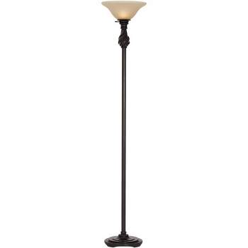 Regency Hill Traditional Torchiere Floor Lamp 70" Tall Hand Applied Black Bronze Swirl Font Amber Glass Shade for Living Room Uplight