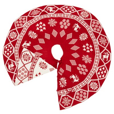 Red and White Knit Christmas Tree Skirt with Festive Patterns
