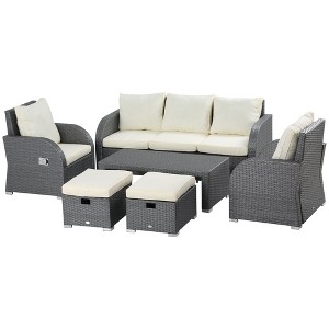 Outsunny 6-Piece Outdoor Rattan Patio Sectional Sofa Set with 3-Seat Couch 2 Recliners 2 Ottoman Footrests Coffee Table Conversation Set - 1 of 4