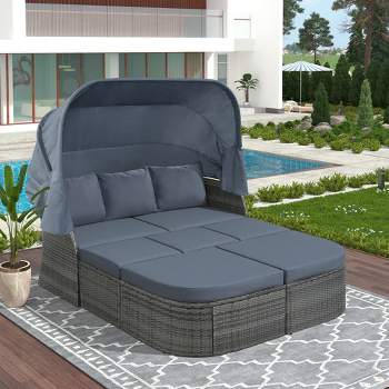 Outdoor Patio Wicker Sunbed Furniture Set with Retractable Canopy - ModernLuxe
