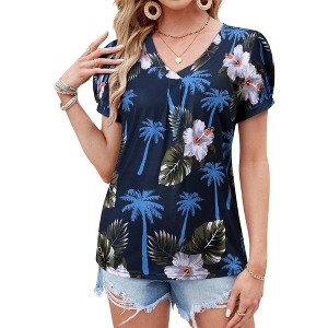Nlife Womens Puff Short Sleeve Hawaiian Shirts Floral Tropic Printed Pleated V Neck Summer Casual T-Shirt Trendy Boho Blouses Tops - 1 of 4