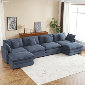 NicBex Couches for Living Room 149.6" Modular Sectional Sofa L-Shape Corduroy Upholstered Sofa Couch with Side Storage Pockets and Ottoman, Blue - 1 of 4