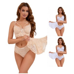 INSPIRE CHIC Women's 3 Sets Cross Straps Full Coverage Bralette and Panty Mesh Floral Lace Underwear Set - 1 of 4