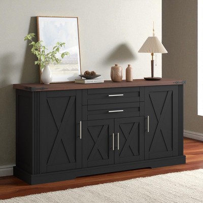 63" Farmhouse Barn Door Buffet Cabinet with Drawers and Adjustable Shelves, Rustic Kitchen Sideboard Coffee Bar Storage Console for Dining Room