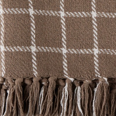 Brown and White Cotton Plaid Throw Blanket with Fringe