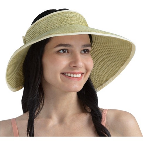 Sun Cube Womens Sun Visor Hat, Beach Straw Roll Up Ponytail Hat