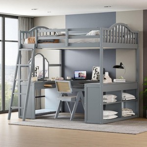Polibi Full Size Wood Loft Bed with Built-In U-Shaped Desk, Vanity Mirror Station & Storage Shelves - 1 of 4