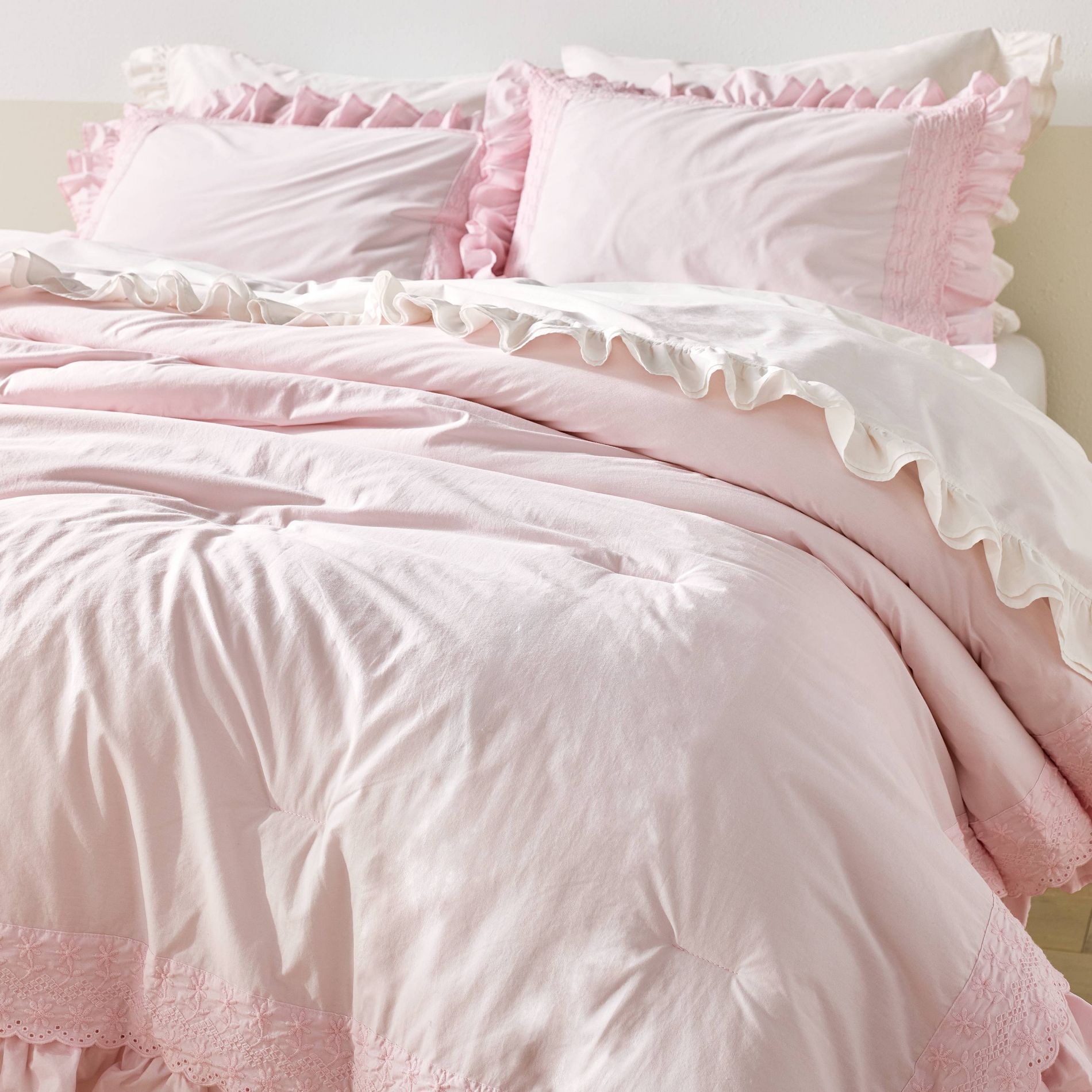 Full/Queen Cotton Eyelet Ruffle Comforter Set Pink Simply Shabby Chic