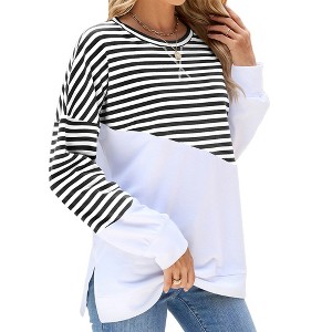 Coolmee Women's Sweatshirt Long Sleeve Crewneck Striped Sweatshirt Trendy Fall Tops Pullover Sweatshirts - 1 of 4