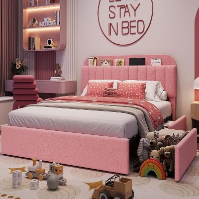 Queen Platform Bed Frame with Boucle Upholstery, 2 Flexible Storage Drawers & Bookcase Headboard, Noise-Free Metal Frame, No Box Spring Needed