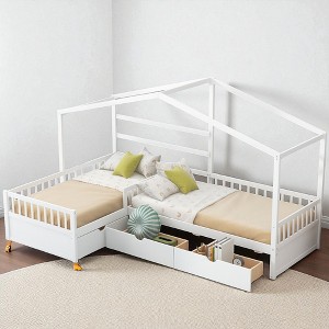 Twin Size L-Shaped House Platform Bed with Roof Frame and 3 Storage Drawers, Solid Wood and MDF Frame - 1 of 4